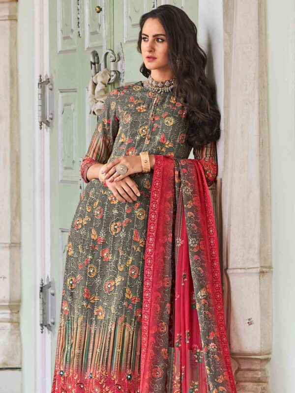 Allover Contrast Floral Digital Print With Resham Thread Work & Sequin - Image 2