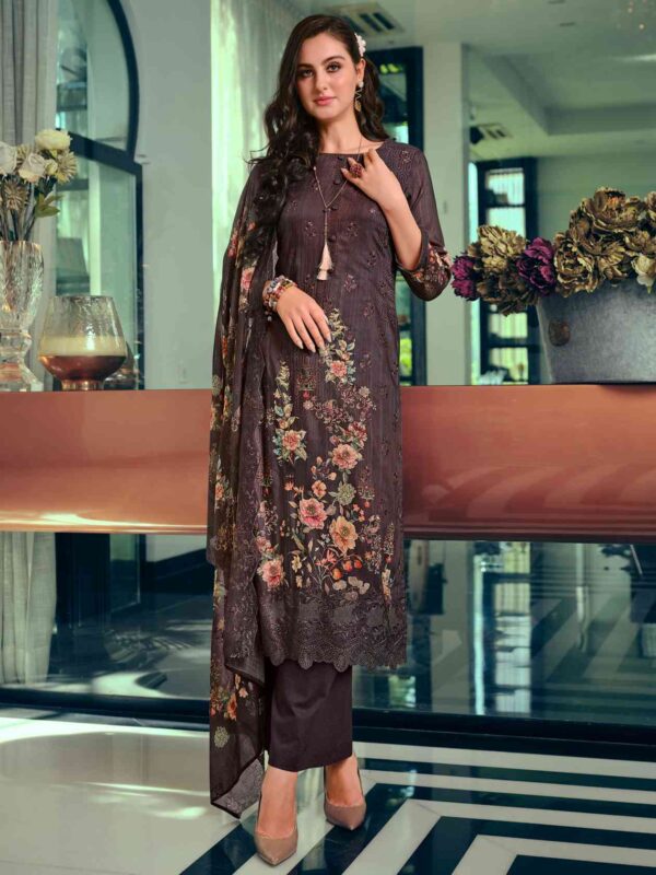 Allover Contrast Floral Digital Print With Resham Embroidery Work & Cutwork, Crystal