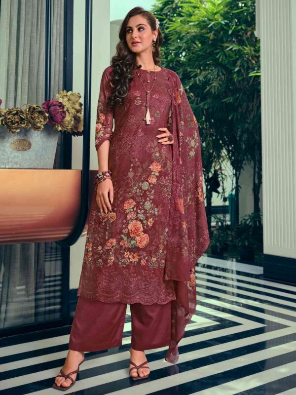 Allover Contrast Floral Digital Print With Resham Embroidery Work & Cutwork, Crystal