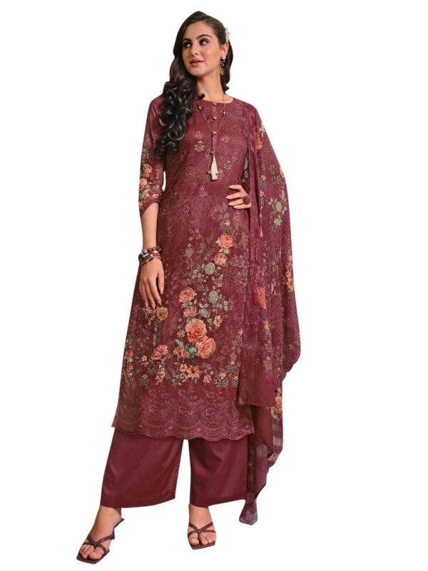 Allover Contrast Floral Digital Print With Resham Embroidery Work & Cutwork, Crystal - Image 5